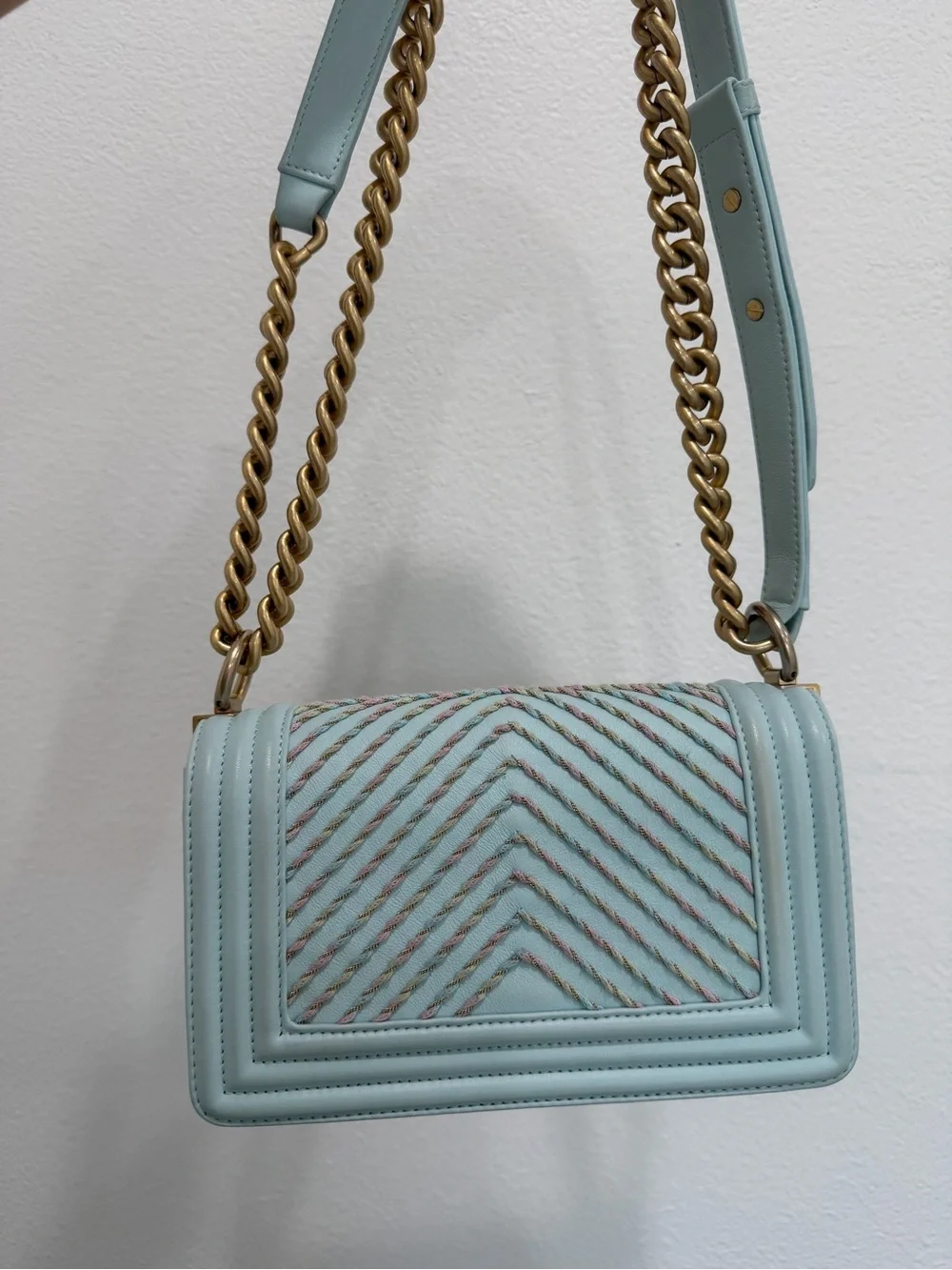 CHANEL Light Blue Chevron Quilted Boy Flap Shoulder Bag with Gold Hardware